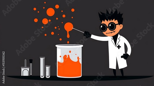 Cartoon Mad Scientist Conducting an Orange Liquid Experiment