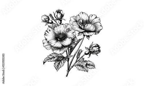 Vintage Portulaca Grandiflora Flowers Engraving, botanical art, garden plants, floral design, vector illustration, summer blooms, herbaceous plants, ornamental flowers.