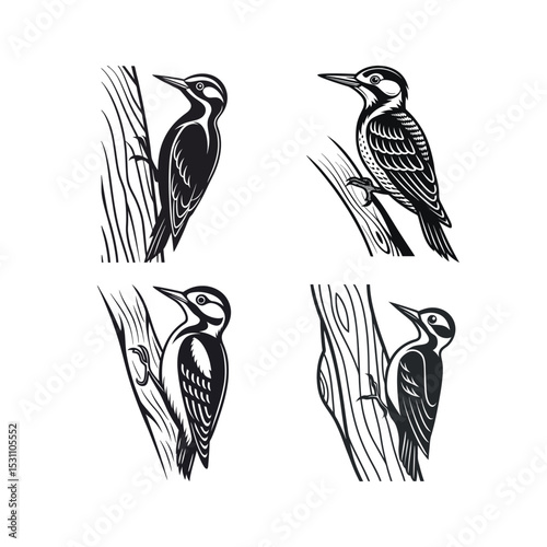 Four woodpecker bird illustrations on tree trunks