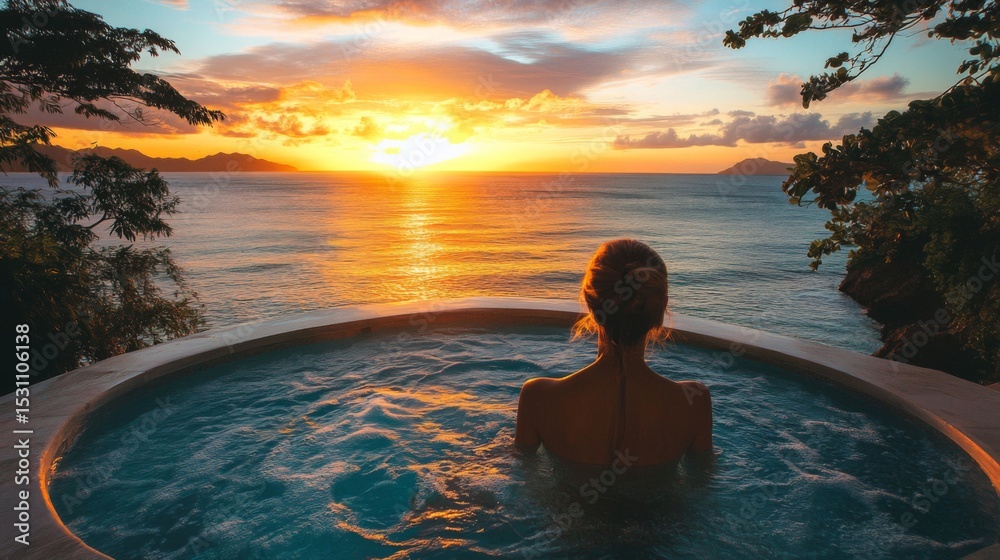 Woman Relaxing in Hot Tub at Sunset Ocean View Woman Relaxing in Hot Tub at Sunset Ocean View