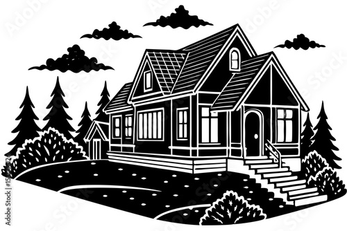 Charming Suburban House Illustration Black and White Home Design, house, home, suburban, design, residence, visual, serene, dwelling, aesthetic, selling, property, greenery, picture, residential, rela