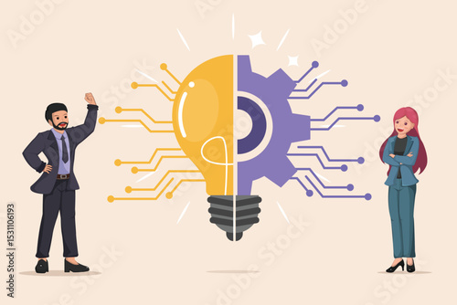 A Businessman and Businesswoman Presenting a Combined Lightbulb and Gear Icon with Circuitry, Symbolizing Innovative Solutions and Technological Advancement
