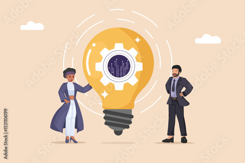 Innovation and Technology Partnership: A Man and Woman Standing Beside a Large Lightbulb with an Integrated Gear and Circuit Board, Symbolizing the Fusion of Ideas and Technological Advancement