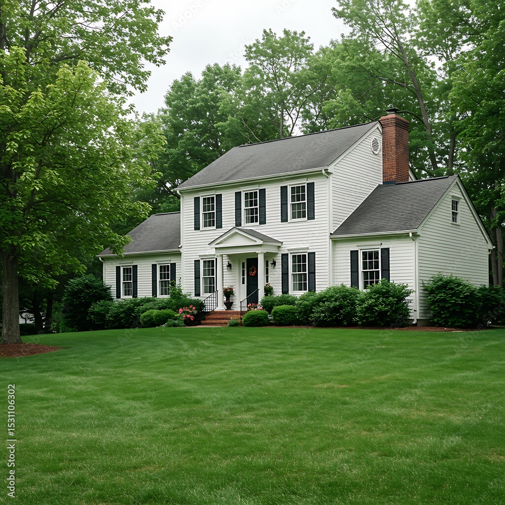 Fototapeta premium Traditional white house with black shutters and green lawn surrounded by trees