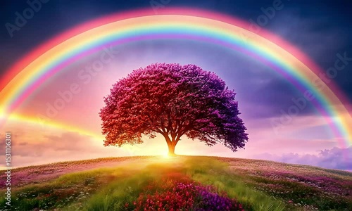 Majestic Rainbow Arching Over a Vibrant Purple Tree in a Serene Field