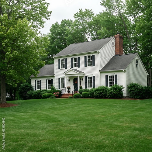 Traditional white house with black shutters and green lawn surrounded by trees