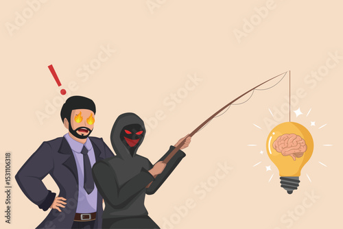 A Businessman with Burning Eyes Witnesses a Hacker Fishing for a Brainstorming Idea Represented by a Brain Inside a Lightbulb, Emphasizing the Danger of Innovation Exploitation