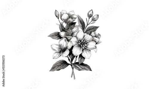 Posoqueria Multiflora Flowers Vintage Vector Illustration, Floral Botanical Design, Tropical Plant Illustration, Herb Garden Art, Exotic Bloom Sketch, Nature Inspired Graphics.