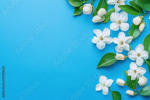 Blue background with white jasmine flowers on the right side, flat lay, top view. Spring concept. Copy space for text or design, Flat lay, empty blank spaces for banner and web template. 