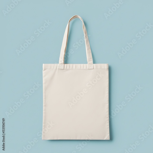 Plain off-white tote bag with handles against a light blue background