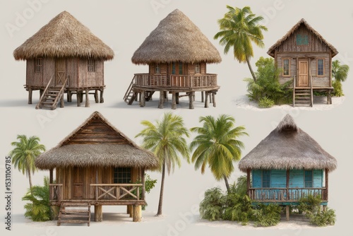 Five tropical thatch cabanas isolated on white background photo