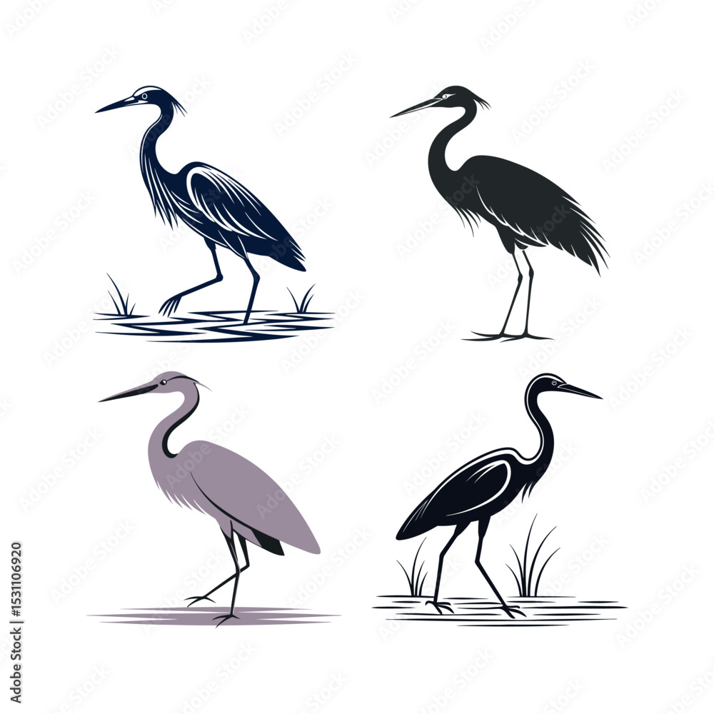 Fototapeta premium Four stylized egret bird wading silhouette illustrations in different colors