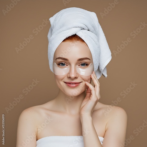 Woman with eye patches and towel on head smiles at camera