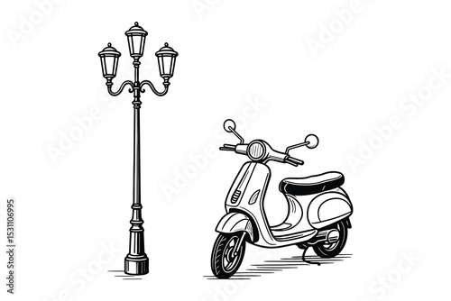 Detailed vector illustration of a scooter parked near a lamppost. Street scene design.