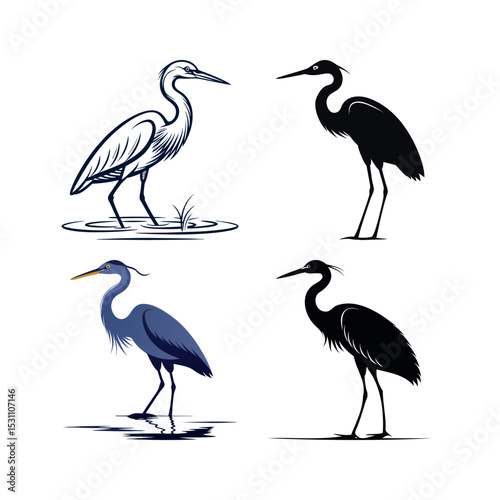 Elegant egret bird wading illustrations line art and silhouettes