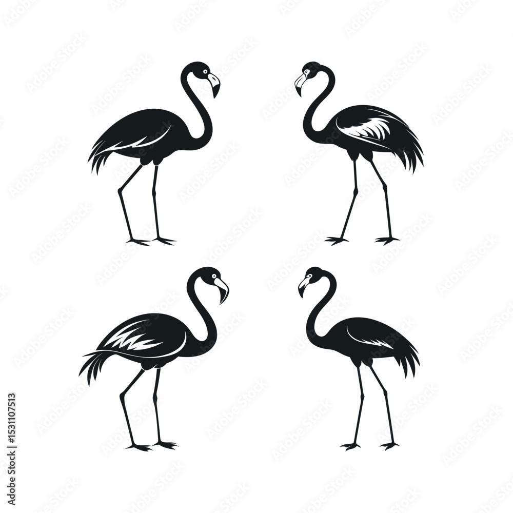 Fototapeta premium Four black silhouette flamingos facing each other