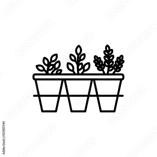 Black Line Icon of Indoor Herb Pot Trio for Kitchen and Plant Decor Themes