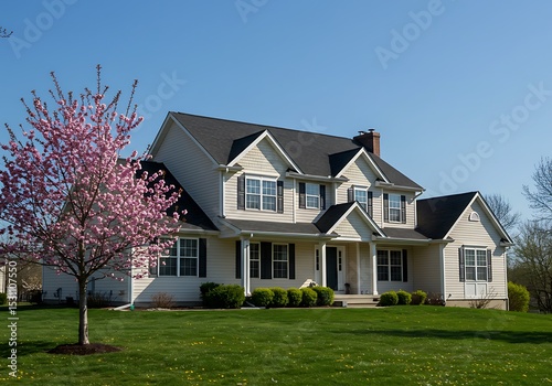 Suburban house with a blooming cherry tree on a sunny day in spring