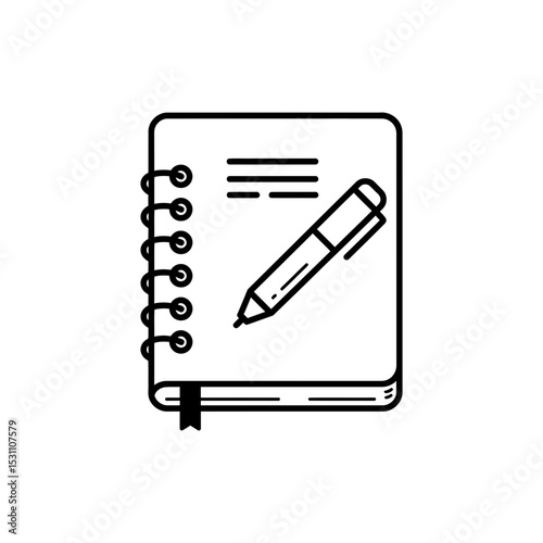 Black Line Icon of Journal Notebook with Pen for Writing and Productivity Themes