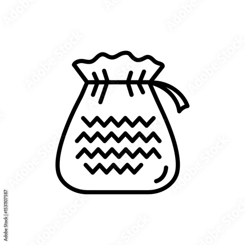 Black Line Icon of Knit Pouch with Drawstring for Cozy Accessory and Gift Themes