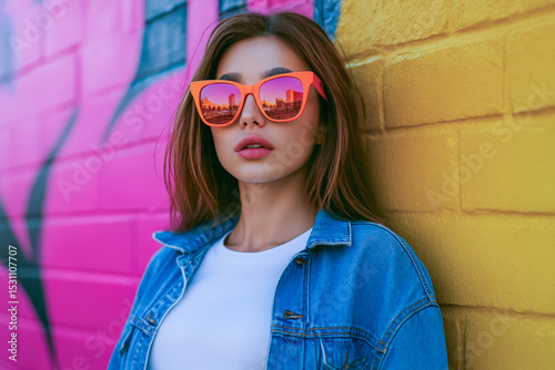 A young woman leans against a colorful wall, showcasing her trendy sunglasses and casual denim jacket in an urban environment
