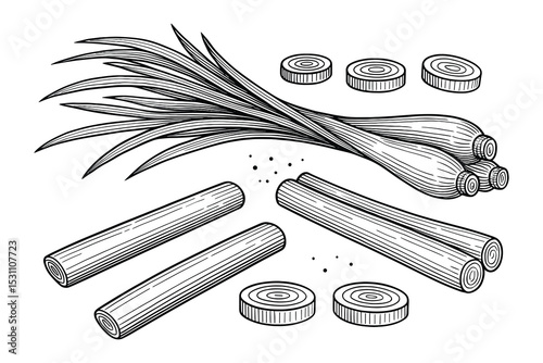 Detailed vector illustration of fresh lemongrass stalks and slices, presented in black and white style.