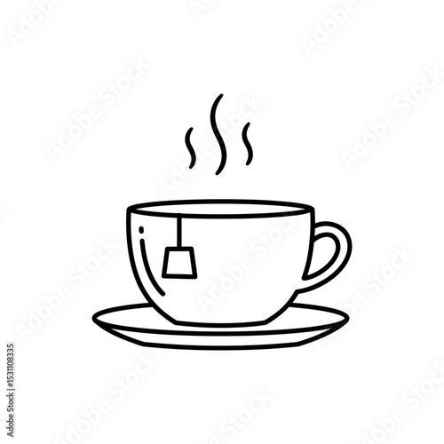 Black Line Icon of Steaming Teacup on Saucer – Warm Beverage Theme