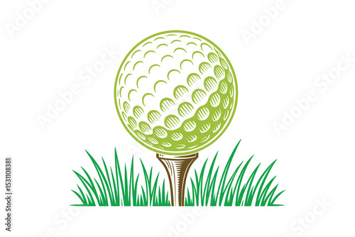Detailed vector illustration of a golf ball on a tee with grass, in green and brown.