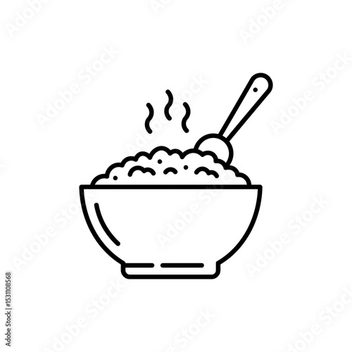 Black Line Icon of Warm Oatmeal Bowl – Cozy Breakfast Theme
