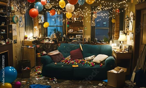 Messy Room After a Birthday Party Colorful Balloons and Confetti