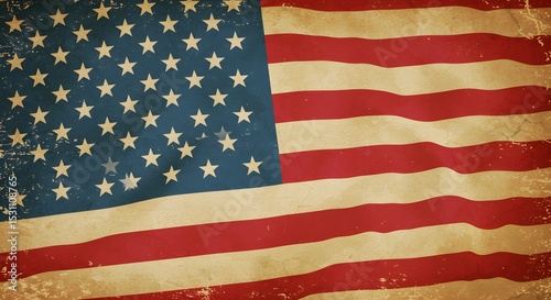 Grungy American flag on old paper with patriotic stars and stripes, a weathered symbol of the USA