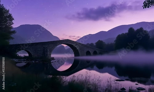 Serene Sunrise Ancient Stone Arch Bridge Reflecting in Misty River Valley