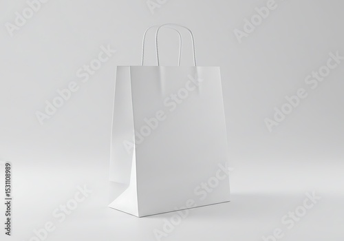 Plain white paper bag with handles on a white background