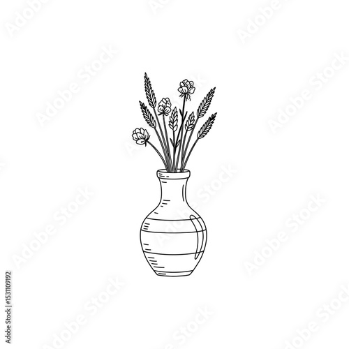 Ceramic vase with dried flowers line icon