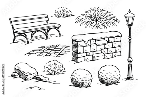 Detailed vector illustration of park elements including a bench, bushes, wall, and lamp in style.