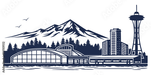 Iconic Tacoma Skyline Silhouette: Mount Rainier, Museum of Glass, and Waterfront City Vector