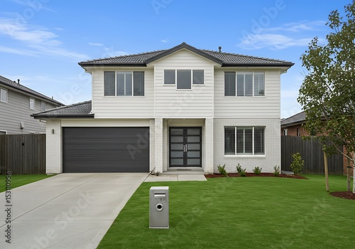 Two-story house with garage and green lawn on a sunny day, front view