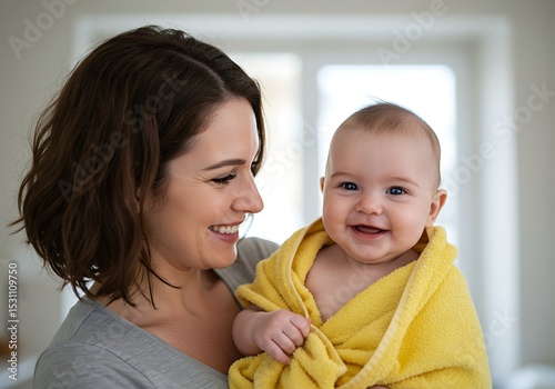 Smiling mother holding her baby wrapped in a yellow towel after bath time