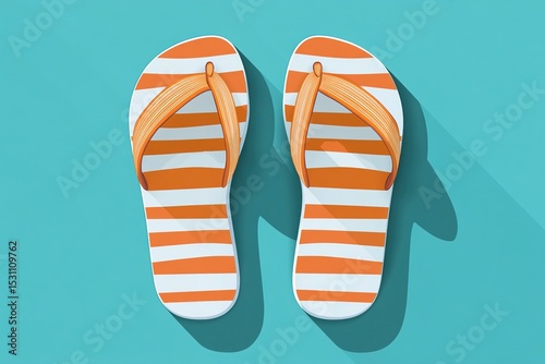 Top view of orange and white striped flip-flops on a blue background, flat design illustration, used for advertising, social media banners, and beach vacation concepts.