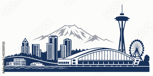Tacoma Skyline Silhouette Vector with Mount Rainier, Museum of Glass, & Waterfront Cityscape