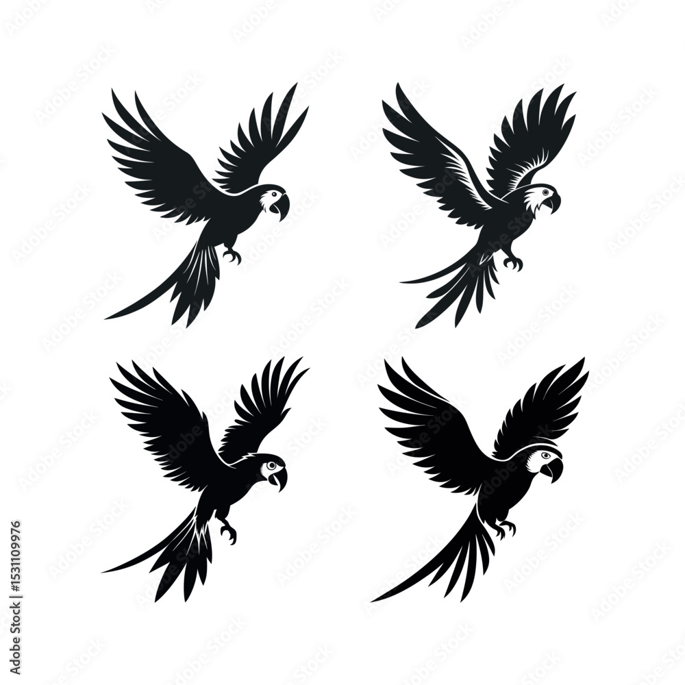 Obraz premium Four black silhouette macaw parrots in flight