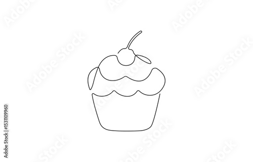 Continuous one line drawing of cup cake. One line drawing illustration of muffin cake, Sweet cupcake simple outline illustration. Continuous line drawing