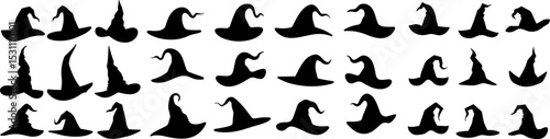 set of black silhouettes of magic hat vectors are isolated on white background