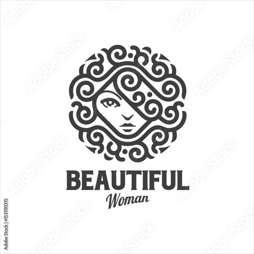 Beautiful Pretty Girl Woman With Curly Hair Logo Design