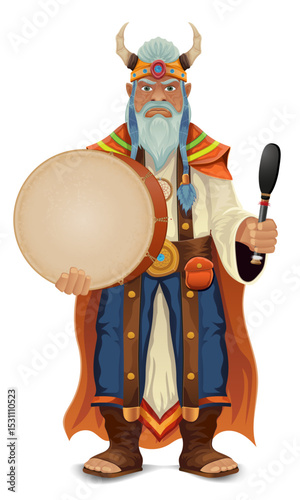 ancient fantasy magic shaman healer man character cartoon vector illustration isolated on white background