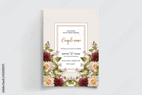 WEDDING INVITATION FRAME WITH FLOWER DECORATIONS AND FRESH LEAVES