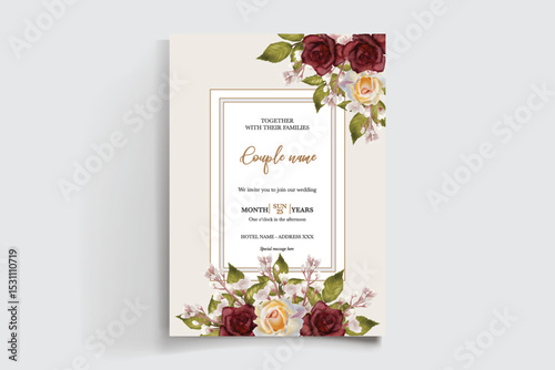 WEDDING INVITATION FRAME WITH FLOWER DECORATIONS AND FRESH LEAVES