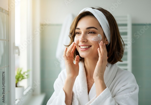 Woman in robe applying facial cream in bathroom with a smile, looking away
