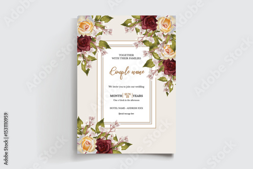 WEDDING INVITATION FRAME WITH FLOWER DECORATIONS AND FRESH LEAVES