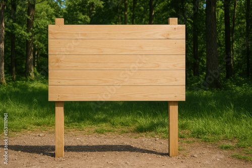A wooden sign is standing in a grassy field. The sign is empty and has no writing on it. Scene is peaceful and serene, as the sign is surrounded by nature and the grassy field